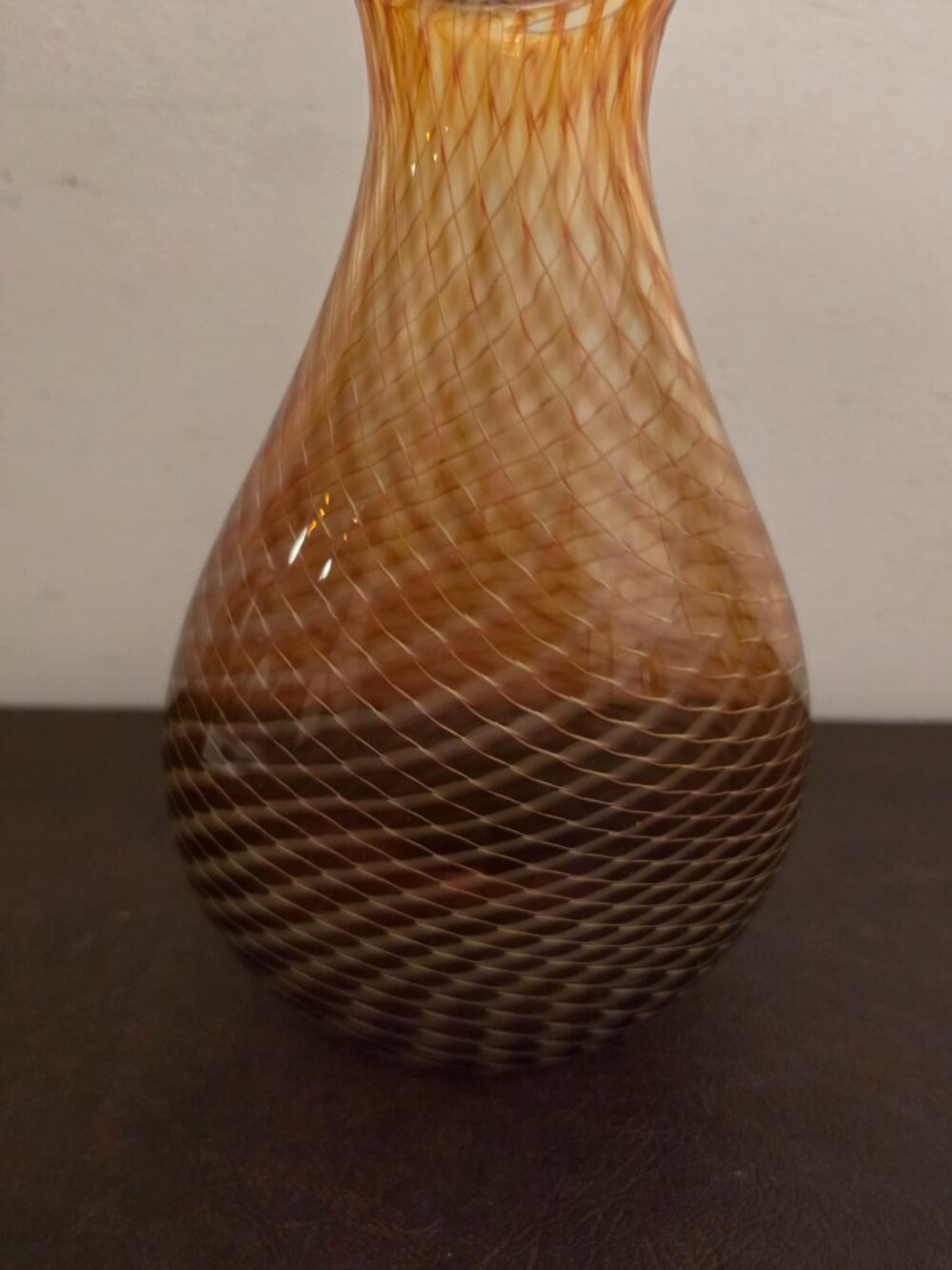 Amber-Tone Merletto Pattern Hand Blown Studio Art Glass Vase